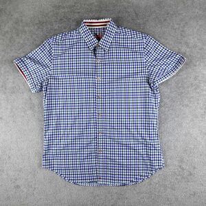 Robert Graham Shirt Men L Blue White Check Plaid Button Up Short Sleeve Tailored
